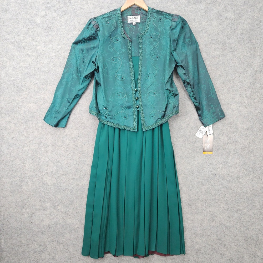 NEW Nah Nah Collection Dress Set Womens Hunter Green 18 Two Piece Brocade Pleats